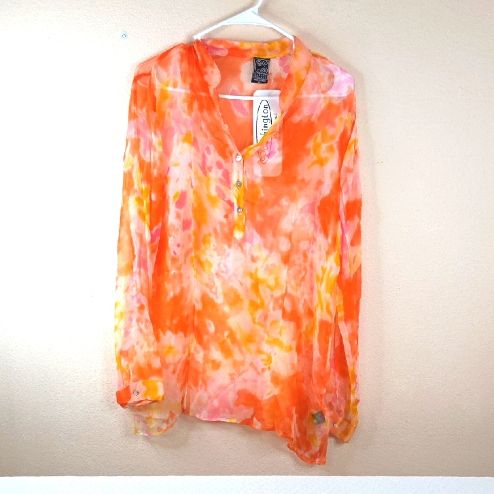Patchington Casual Studio Tie-Dye Sheer Blouse.Pink Orange Yellow XL